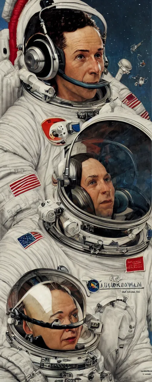 Image similar to a detailed portrait of an astronaut wearing headphone art by norman rockwell, cinematic, epic composition, hd, digital painting, digital art, concept art, illustration, comic art, stylized, masterpiece, award - winning