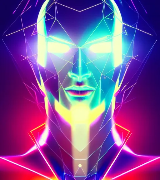 Image similar to symmetry!! european prince of technology, solid cube of light, hard edges, product render retro - futuristic poster scifi, lasers and neon circuits, handsome european prince, intricate, elegant, highly detailed, digital painting, artstation, concept art, smooth, sharp focus, illustration, dreamlike, art by artgerm