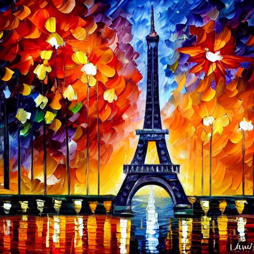 Prompt: Oil painting of Eiffel Tower with fireworks in the sky by Leonid Afremov