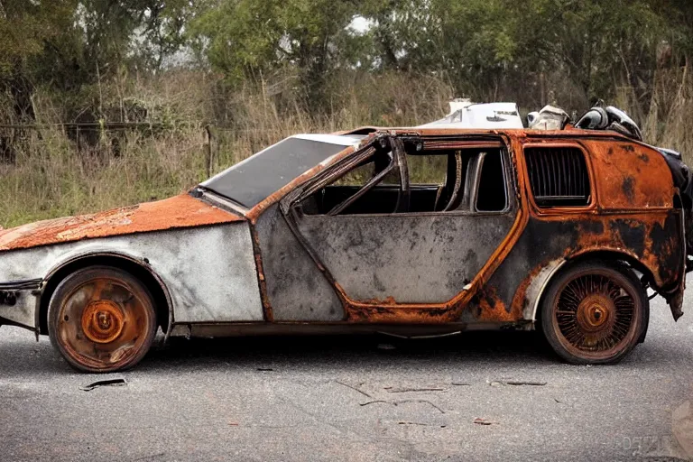 Image similar to rusted, derelict on the back of a tow truck on the road 1 9 2 2 delorean