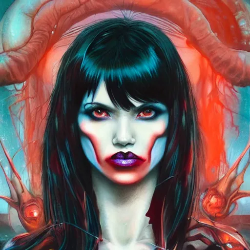 Image similar to dream portrait of Vampirella, cameras, melting ,8k,by tristan eaton,Stanley Artgermm,Tom Bagshaw,Greg Rutkowski,Carne Griffiths, Ayami Kojima, Beksinski, Giger,trending on DeviantArt,face enhance,hyper detailed,minimalist,cybernetic, android, blade runner,full of colour 8-W 1024