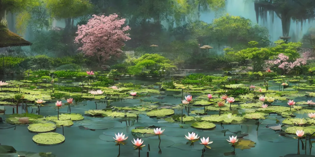 Prompt: dreamy pond full of lotus flowers, concept art, render by octane and blender, hyper realistic, cinematic lighting, unreal engin 5, by krenz cushart, 8 k, vray render, artstation, deviantart