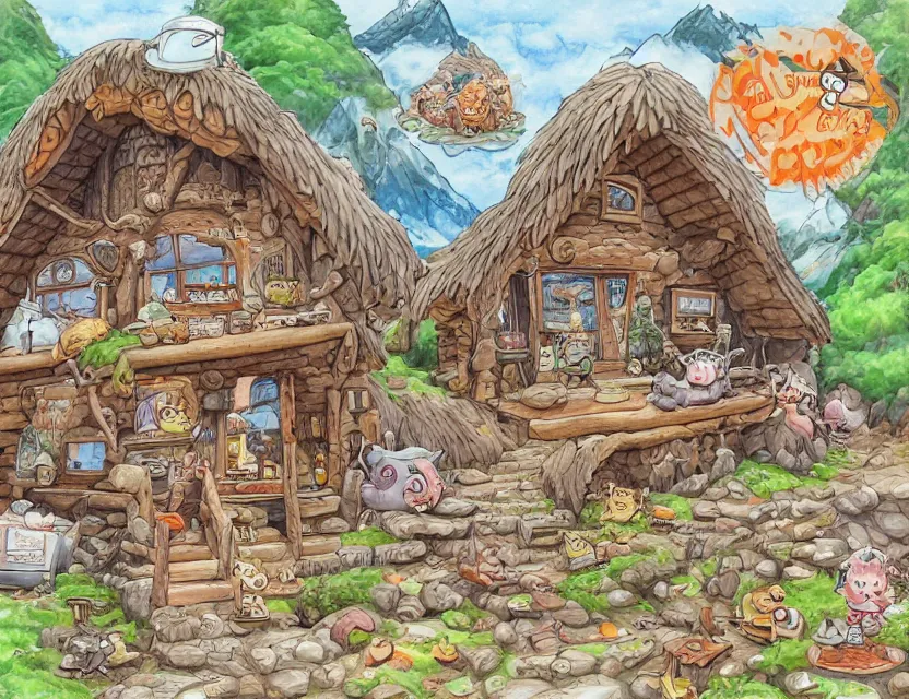 Image similar to cute and funny, a cozy cabin carved into a mountain, heavy rain, ratfink style by ed roth, centered award winning watercolor pen illustration, isometric illustration by chihiro iwasaki, edited by range murata, tiny details by artgerm and watercolor girl, sharply focused