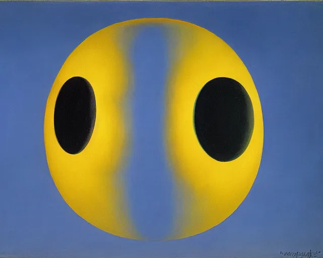 Image similar to magritte painting. the sun has a face with many eyes and teeth. seen through the fog