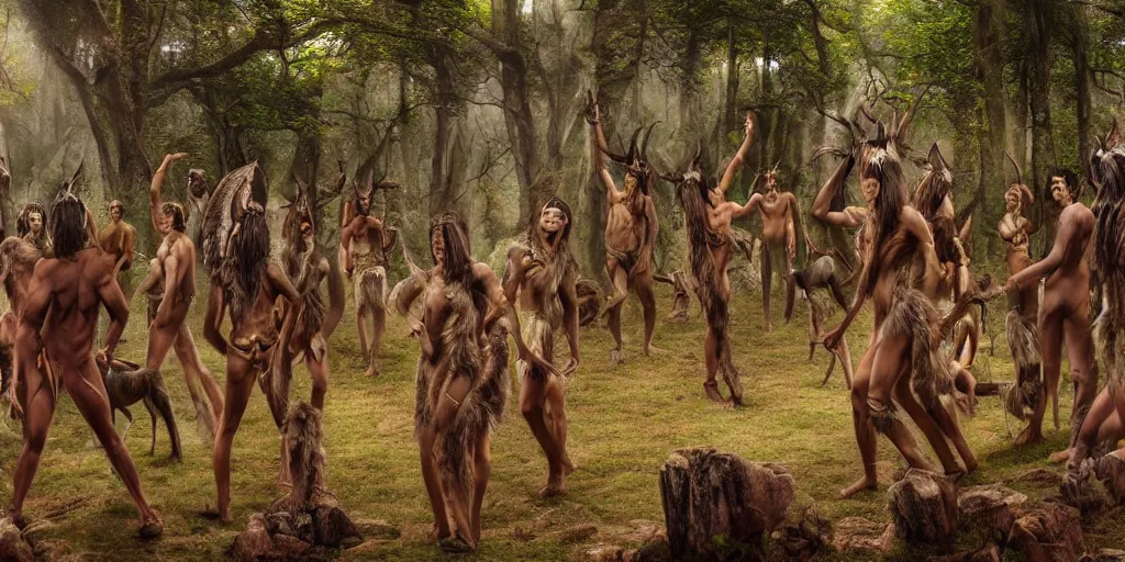 Prompt: a highly detailed matte painting of a tribe of fauns, south american indigenous, forest setting, hd, trending on artstation,