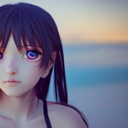 Image similar to Render of a very beautiful 3d anime girl, long hair, hazel eyes, full round face, short smile, cute sundress, golden hour, serene beach setting, medium shot, mid-shot, highly detailed, trending on Artstation, Unreal Engine 4k