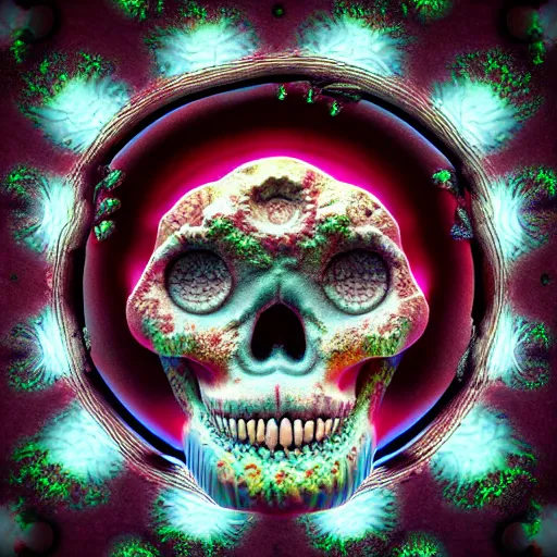 Prompt: fractal skull afro third eye art art by machina infinitum, rendered in octane, mandelbulb 3 d, ambient occlusion, macro photography