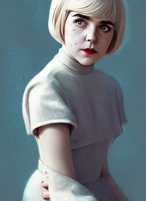 Prompt: portrait of kiernan shipka with freckles, white hair, 1 9 6 0 s bob hairstyle, hairstyle with bangs, 1 9 6 0 s bob hair with bangs and hairband, intricate, elegant, glowing lights, highly detailed, digital painting, artstation, concept art, smooth, sharp focus, illustration, art by wlop, mars ravelo and greg rutkowski