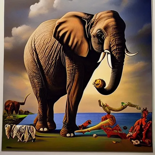 Image similar to in the style of painter salvador dali circus of animals playing, Surrealism painting, hyperrealism, large elephant plays, high details, everything sharp focus, photorealism, painting