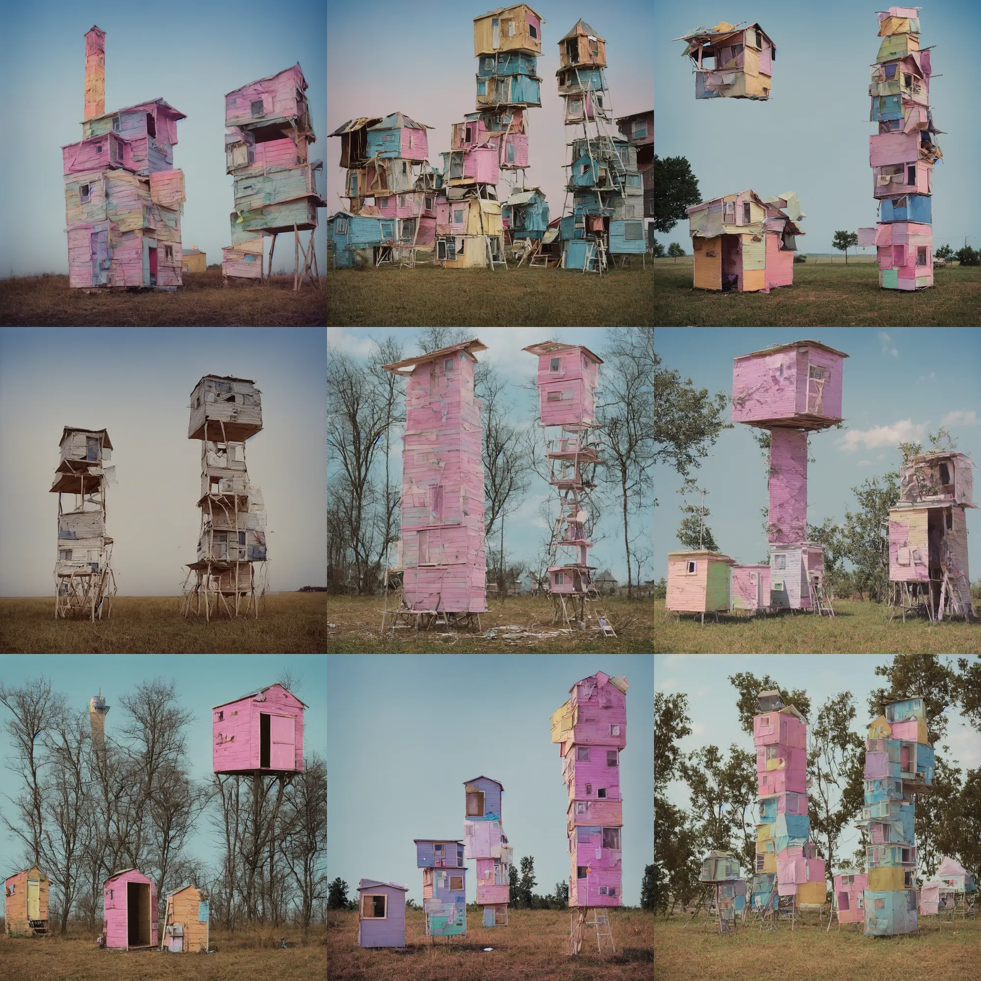 Prompt: a tower made up of makeshift squatter shacks with pastel colours, mamiya, 8 5 mm, f 1. 7, fully frontal view, uniform plain sky, light leaks, digital glitches, photographed by julie blackmon