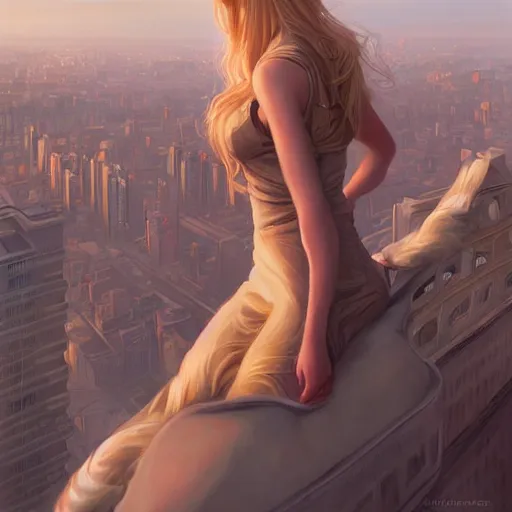 Prompt: a beautiful giant woman over a city, blonde, long hair, by mandy jurgens