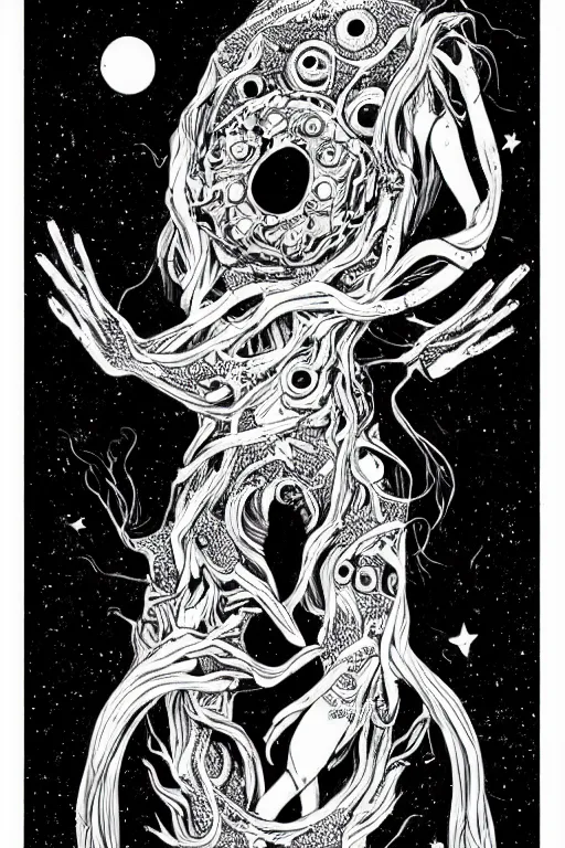 Prompt: black and white illustration, creative design, body horror, cosmic monster