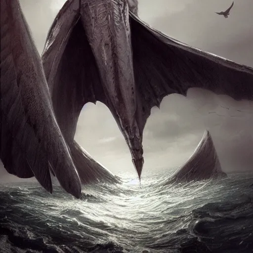 Image similar to voldemort, huge wings, scary weather, stormy, ocean, exudes terror ， island ， castle ， vine, spitfire, photography, hyperrealistic, by greg rutkowski, smooth, illustration, elegant, artstation, digital painting.