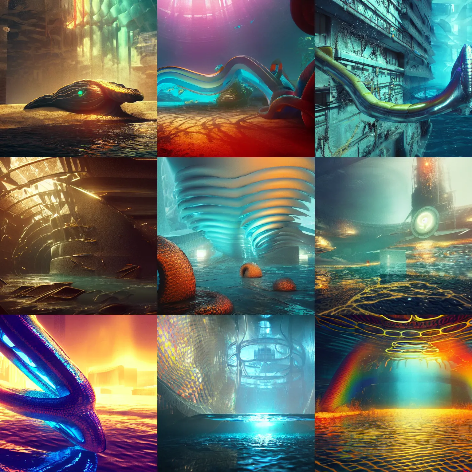 Prompt: Abstract tech snake, underwater environment ruined city, epic exquisite character art, focus, looking at camera, accurate symmetric features proportions, golden ratio, reflections, rainbow lighting, volumetric water, ultra intricate details, award winning, octane render