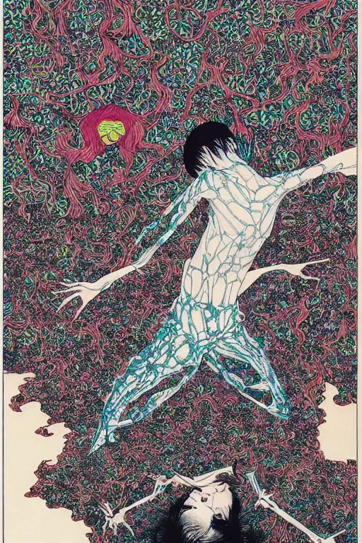 Image similar to body breaking apart, life like conjuring psychedelic illustration by shintaro kago, ultra realistic, highly detailed, hypermaximalist, symmetrical, rich deep colors. art by takato yamamoto. masterpiece