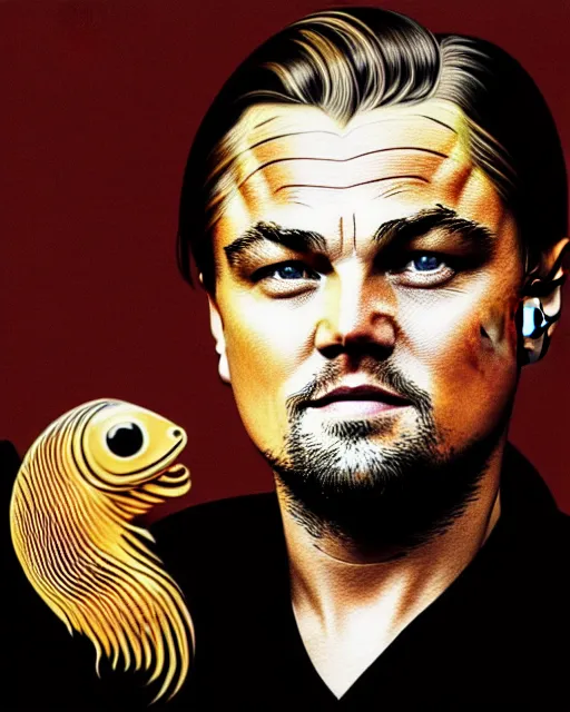 Image similar to painting portrait of leonardo dicaprio as a carp fish, cartoon, warm lighting, leonardo dicaprio has a carp fish body. leonardo dicaprio's face on a carp fish's body movie poster, illustration by bartek fedyczak, erak note, tooth wu, neil richards, kan liu, siwoo kim, jisu choe, trending on art station