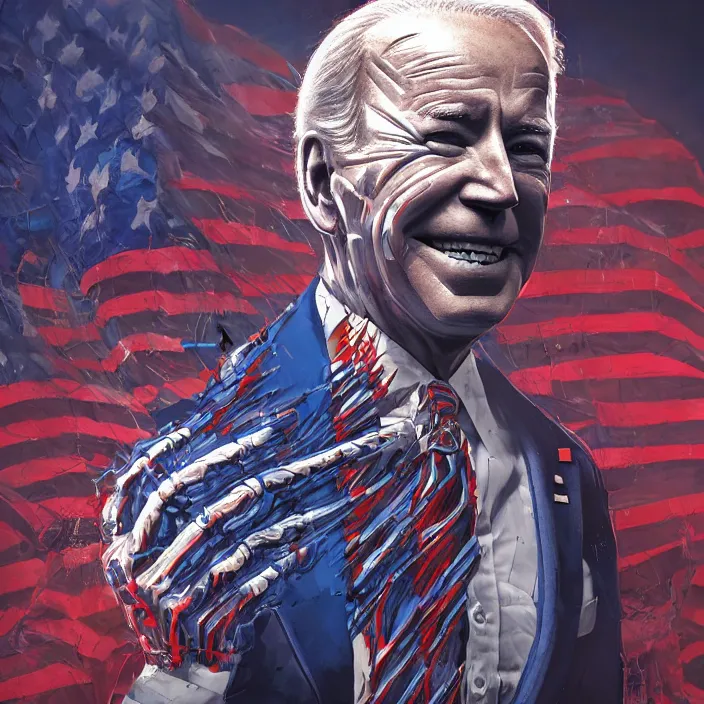 Image similar to PATRIOTIC portrait of joe biden as skeleton. burning distortions. intricate abstract. intricate artwork. by Tooth Wu, wlop, beeple, dan mumford. octane render, trending on artstation, greg rutkowski very coherent symmetrical artwork. cinematic, hyper realism, high detail, octane render, 8k, iridescent accents