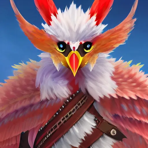 Image similar to avian leader in a army combat uniform created entirely of feathers holding a rapier with a bright red beak medieval theme rito breath of the wild, digital art, cinematic lighting