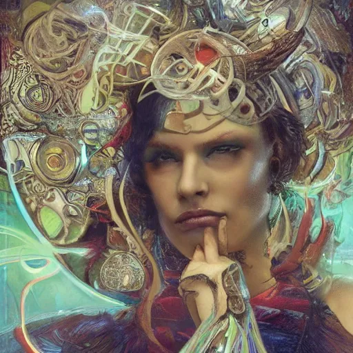 Image similar to extremely psychedelic beautiful cyborg queen of lsd. intricate, elegant, highly detailed, extremely lifelike photorealistic digital painting, artstation. steichen, gaston bussiere, tom bagshaw, cyberpunk alphonse mucha. dark pallet, melancholy. anatomically correct in every way. sultry. sharp focus. soft light. very very lifelike