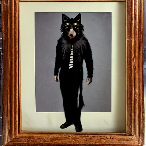 Image similar to male anthro black fox furry fursona with a mullet in a spanish style tuxedo, 1 9 7 0 s framed photograph, painted by riley moreau