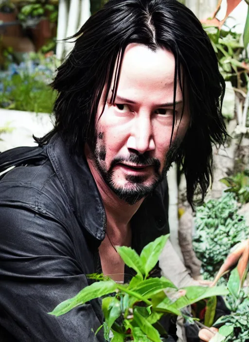 Image similar to keanu reeves as johnny silverhand working in a garden, wake up samurai, solarpunk, lots of plants, gardening, permaculture, cyberpunk 2 0 7 7, anarchy, realistic, ultra detailed