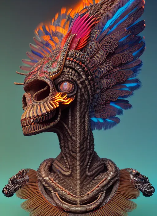 Image similar to a wlop 3 d portrait of a goddess, 8 k micro details beautiful intricate highly detailed quetzalcoatl skull and feathers. bioluminescent, fire, galaxy, artwork by tooth wu and wlop and beeple and greg rutkowski, trending on artstation,