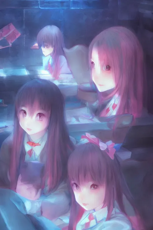 Prompt: 3d infrared octane render concept art by Mo Xiang Tong Xiu, by Igarashi Daisuke, by makoto shinkai, cute beauty cozy portrait anime sad schoolgirls under dark pink and blue tones, mirror room. light rays. deep water bellow. cutest sad face. dramatic deep light, trending on artstation, oil painting brush