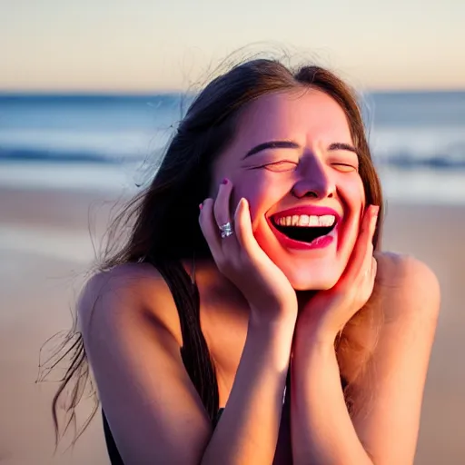 Image similar to beautiful hyperrealism hyperdetailed candid photograph of a cute young woman smiling widely and in happy disbelief because of a marriage proposal, flushed face, red blush, puffy lips, soft features, 8 k, sharp focus, golden hour, beach setting