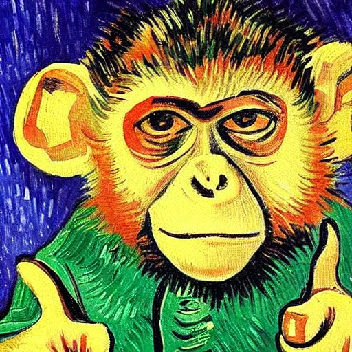 Prompt: oil painting of monkey giving thumbs up + painted by vincent van gogh