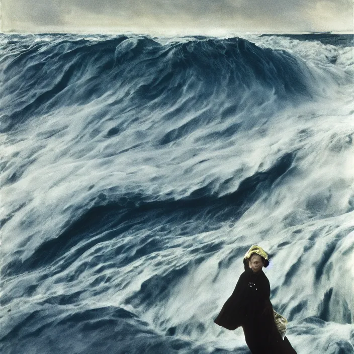 Image similar to a woman wearing wrapped in plastic, standing in front of a giant tsunami wave, color photograph, by john singer sargent, canon eos c 3 0 0, ƒ 1. 8, 3 5 mm, 8 k, medium - format print