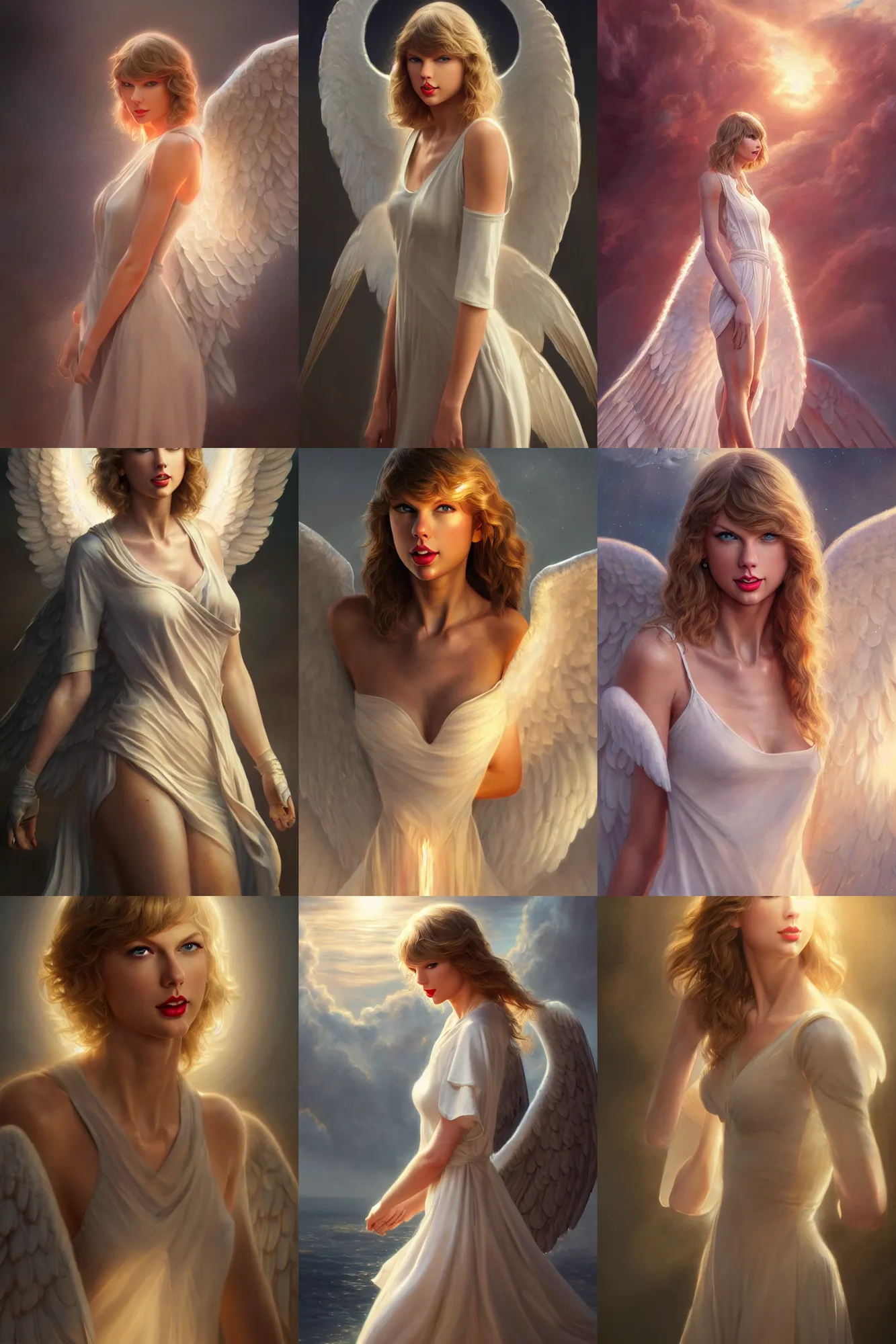 Prompt: taylor swift as a heavenly angel, anatomy, bathed in light, highly detailed, photorealistic, artstation, smooth, sharp focus, illustration, unreal engine 5, 8 k, art by artgerm and greg rutkowski and edgar maxence