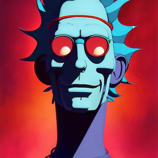 Image similar to 1 0 7 7 bender futuristic rick sanchez futurama portrait by charles vess and james jean and erik jones and rhads, inspired by ghost in the shell, beautiful fine face features, intricate high details, sharp, ultradetailed