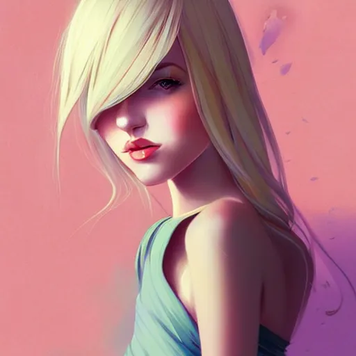 Image similar to beautiful woman in summer dress art, light blonde shoulder-length hair, muted colors, matte print, pastel colors, ornate, digital art, digital painting, fan art, elegant, by Ilya Kuvshinov