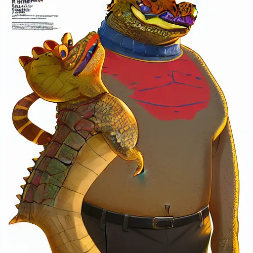 Image similar to in the style of artgerm, loish and ross tran, anthropomorphic alligator, symmetrical face, symmetrical eyes, red scales on his back, yellow scale on his belly and chest, male, waring a hawaiian shirt, in the style of zootopia