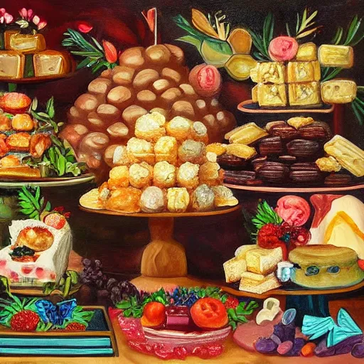 Prompt: a painting of what heaven would look like if it was filled with desserts