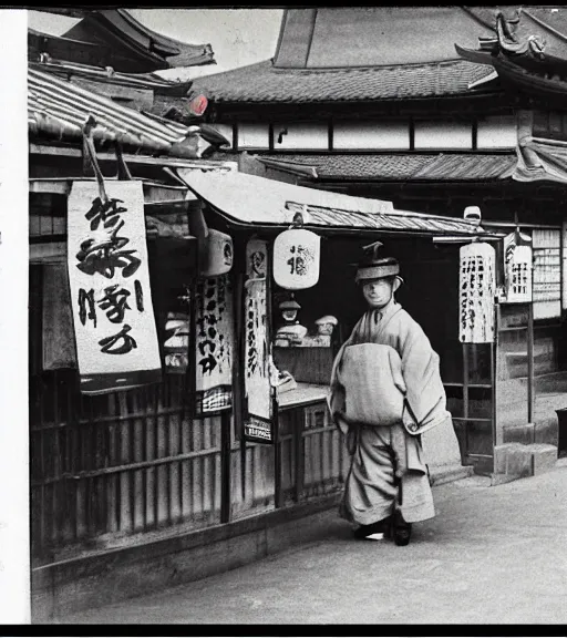 Image similar to 1 8 th century japanese street market in kyoto 1 9 0 0 s early photography historical photo portrait anthro anthropomorphic fox head animal person fursona wearing clothes street trader