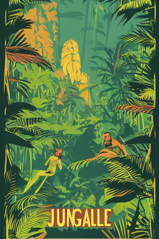 Image similar to vintage poster, jungle travel adventure, illustration, vector art, retro