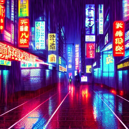 Image similar to cyberpunk Tokyo rainy street, bright neon lights, photorealistic