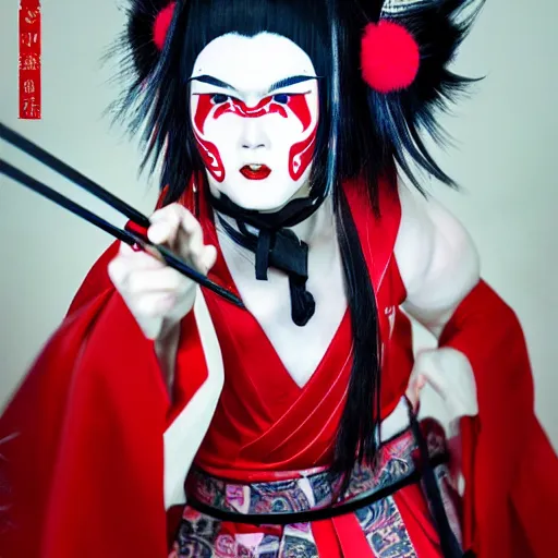 Prompt: an epic portrait of insane kabuki wielding a spear while striking a pose, magical aura of insanity driving beasts insane, intricate hakama, red wig, high energy, dramatic lighting, trending on artstation,