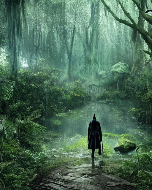 Prompt: a wise wizard walking towards an ominous swamp in a densely overgrown, eerie jungle, fantasy, stopped in time, dreamlike light incidence, ultra realistic