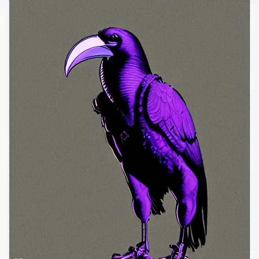 Image similar to self portrait of a humanoid raven with a helmet in the shape of a beak. purple and black body armor, digital art, realistic, ultradetailed, concept art in the style of Science Fiction. art by Syd Mead and Moebius, trending on artstation, devianart, cgsociety