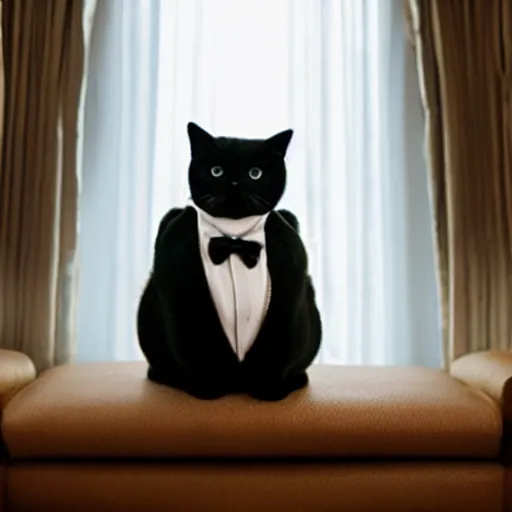 Image similar to photograph of a very fat and judgmental cat wearing a full tuxedo sitting in a dimly lit parlor lounge