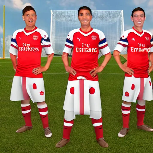 Prompt: a promo portrait of anthropormorphic hot dogs in arsenal soccer jerseys playing football, happy,