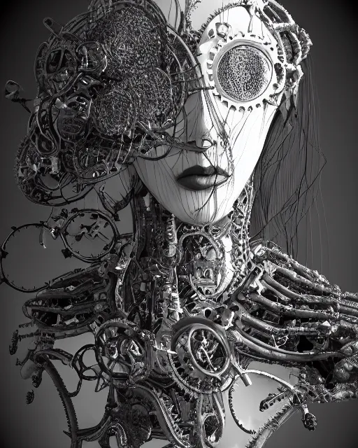 Image similar to black and white dreamy foggy smoky profile face portrait, one silver steampunk eye biomechanical beautiful young female cyclope - cyborg - robot bust, body ribs meshes,, volumetric light, hibiscus flowers, by hg giger, rim light, by dora maar and cecile beaton, big gothic fashion pearl embroidered collar, 8 k