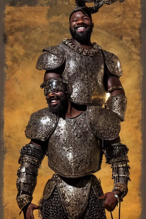 Image similar to portrait of a young African American rugged young man, thick black beard, big muscles, big smile. intricate bronze armour decorated with with gems. Engraved with a tree. cinematic lighting, highly detailed, full body shot. Movie poster.