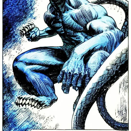 Prompt: blue by neal adams evocative, somber. a computer art of a large, looming creature with a long, snake body. many large, sharp teeth, & eyes glow. wrapped around a large tree, bent under the weight. small figure in foreground, a sword, dwarfed by the size of the creature.