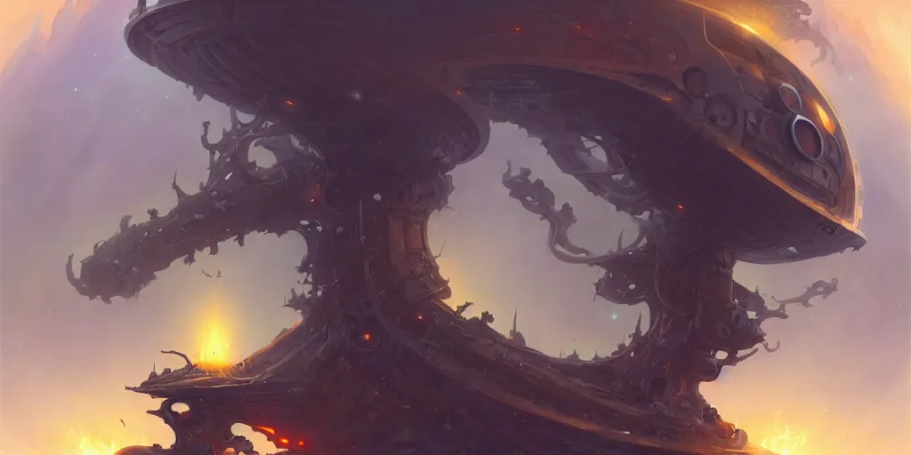 Prompt: hyperbolic sacred alien black hole containment unit fusion engine concept design by peter mohrbacher and craig mullins and hiroshi yoshida and james jean and frank frazetta and michael whelan and andreas rocha