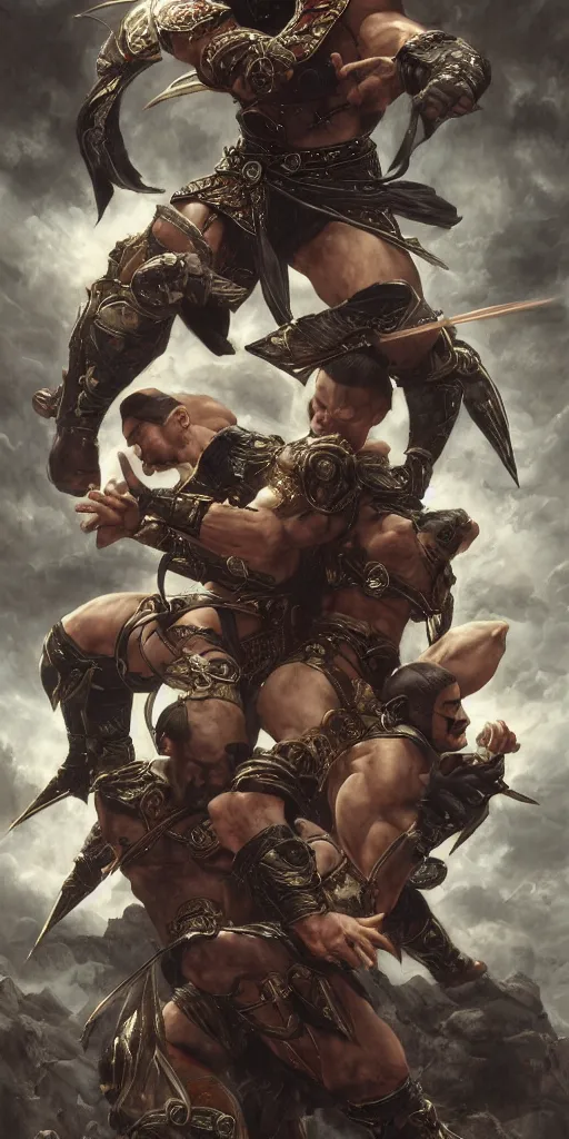 Image similar to masterpiece mortal kombat, masterpiece by Edgar Maxence and Ross Tran and Michael Whelan and Caravaggio artistic, intricate drawing, realistic fantasy, extremely detailed and beautiful aesthetic celtic face, establishing shot, 8k resolution, dramatic lighting,