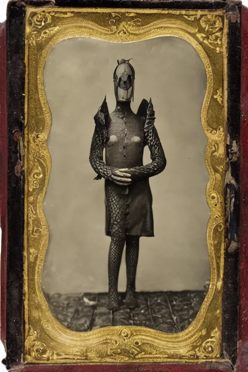 Image similar to a wet plate photo of an anthropomorphic snake dressed for the kings court