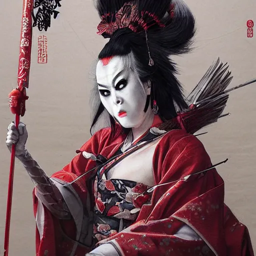 Image similar to an epic portrait of insane kabuki wielding a spear, magical aura of insanity, intricate hakama, poofy red wig, eerie, highly detailed, dark fantasy, art by artgerm and greg rutkowski